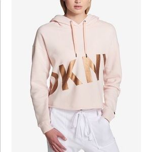 DKNY Sport Cropped Fleece Graphic Hoodie Pink